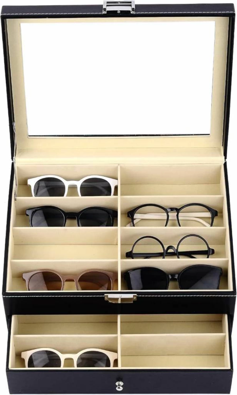 Siveit 8-Slot Leather Eyeglass Case - Premium Sunglass Organizer & Eyewear Display Storage Box for Glasses Collection, Black