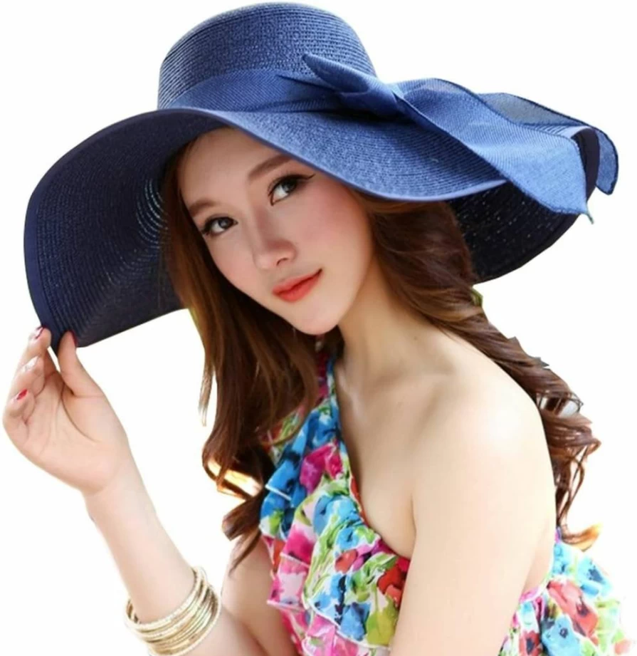 Erioctry Women's Wide Brim Floppy Straw Sun Hat for Beach, Summer, and Travel - Foldable Blue Summer Hat for Swimming, Garden, and Holiday