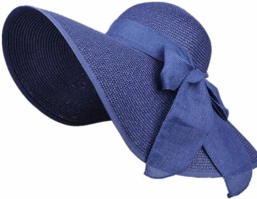 Erioctry Women's Wide Brim Floppy Straw Sun Hat for Beach, Summer, and Travel - Foldable Blue Summer Hat for Swimming, Garden, and Holiday