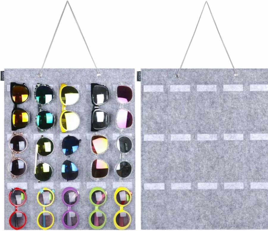 AROUY 16-Slot Felt Sunglasses Organizer with Metal Hook - Hanging Wall Storage for Glasses, Dust Proof Holder (Gray)