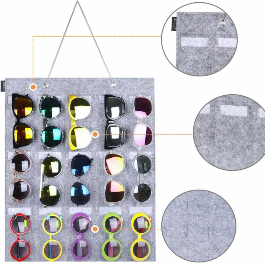 AROUY 16-Slot Felt Sunglasses Organizer with Metal Hook - Hanging Wall Storage for Glasses, Dust Proof Holder (Gray)