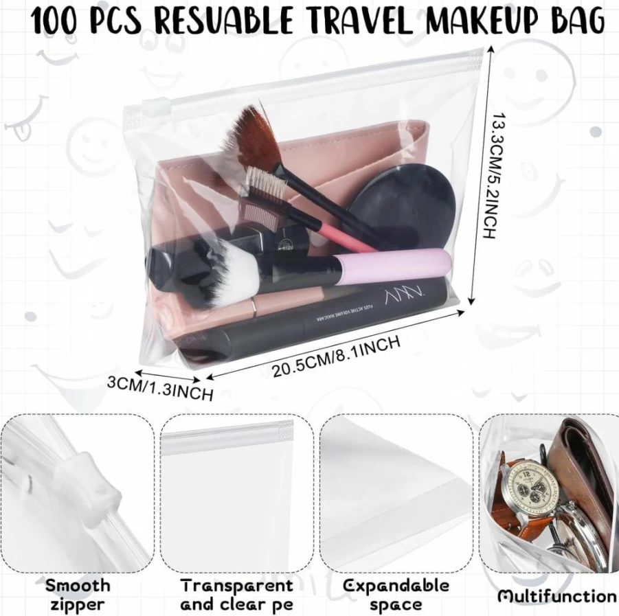 Bokon 100-Pack Clear Zipper Cosmetic Bags Bulk, 5" x 8" Waterproof Travel Makeup Pouches for Women, Transparent Toiletry Organizers for Swimsuits, Bikinis & Beauty Products