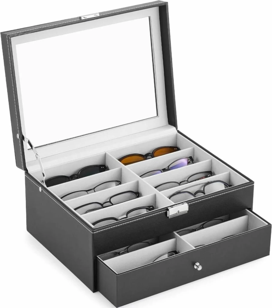 CO-Z Leather Eyeglasses Storage Box with Lockable Drawer - Sunglasses Organizer Case for Men & Women