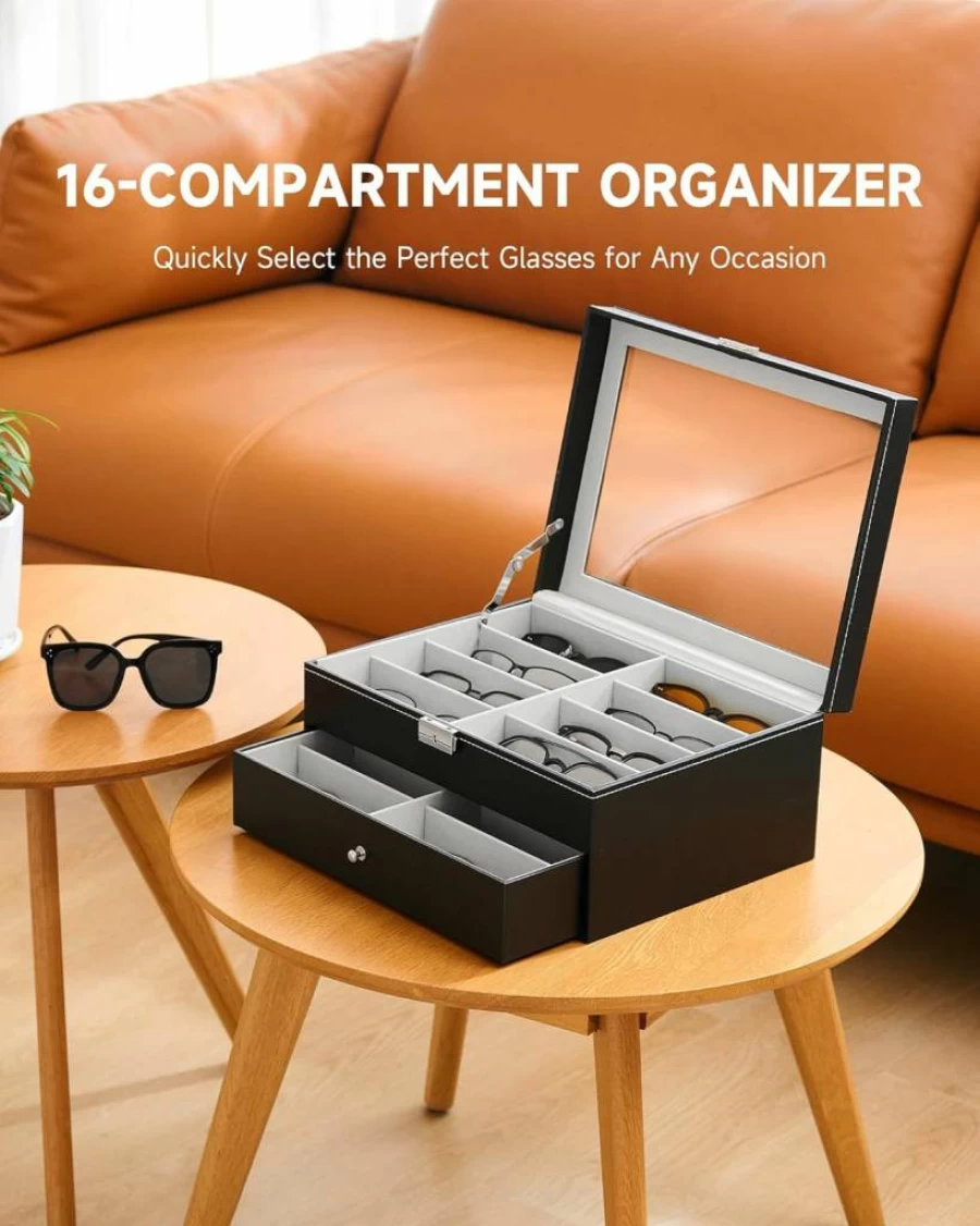 CO-Z Leather Eyeglasses Storage Box with Lockable Drawer - Sunglasses Organizer Case for Men & Women