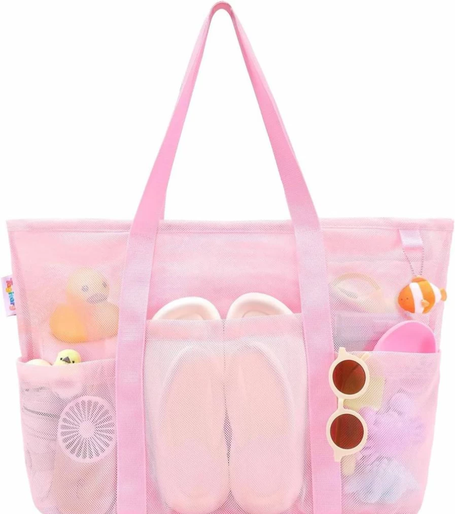 Tagitary Large Waterproof Mesh Beach Tote Bag with Zipper & 8 Pockets for Pool Toys and Sandproof Beach Accessories