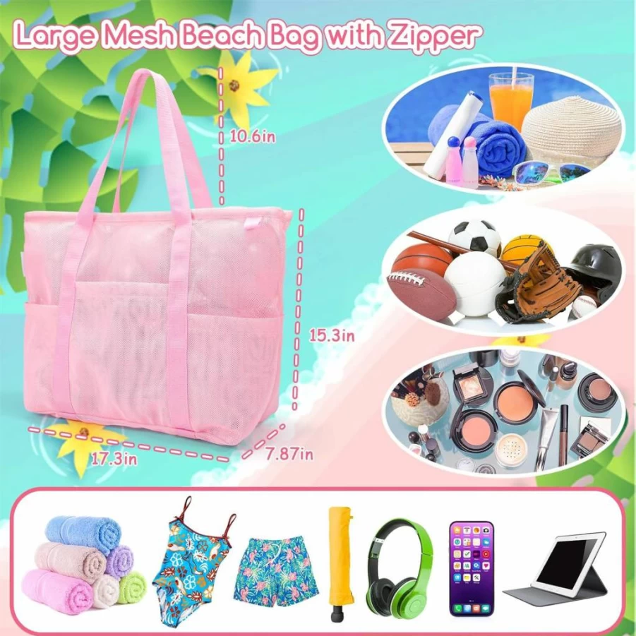 Tagitary Large Waterproof Mesh Beach Tote Bag with Zipper & 8 Pockets for Pool Toys and Sandproof Beach Accessories