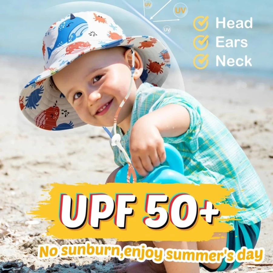 HONGTEYA UPF 50+ Baby Sun Hat Adjustable Wide Brim Bucket Hat for Toddlers Boys Girls 0-6 Years Summer Beach Outdoor Protection