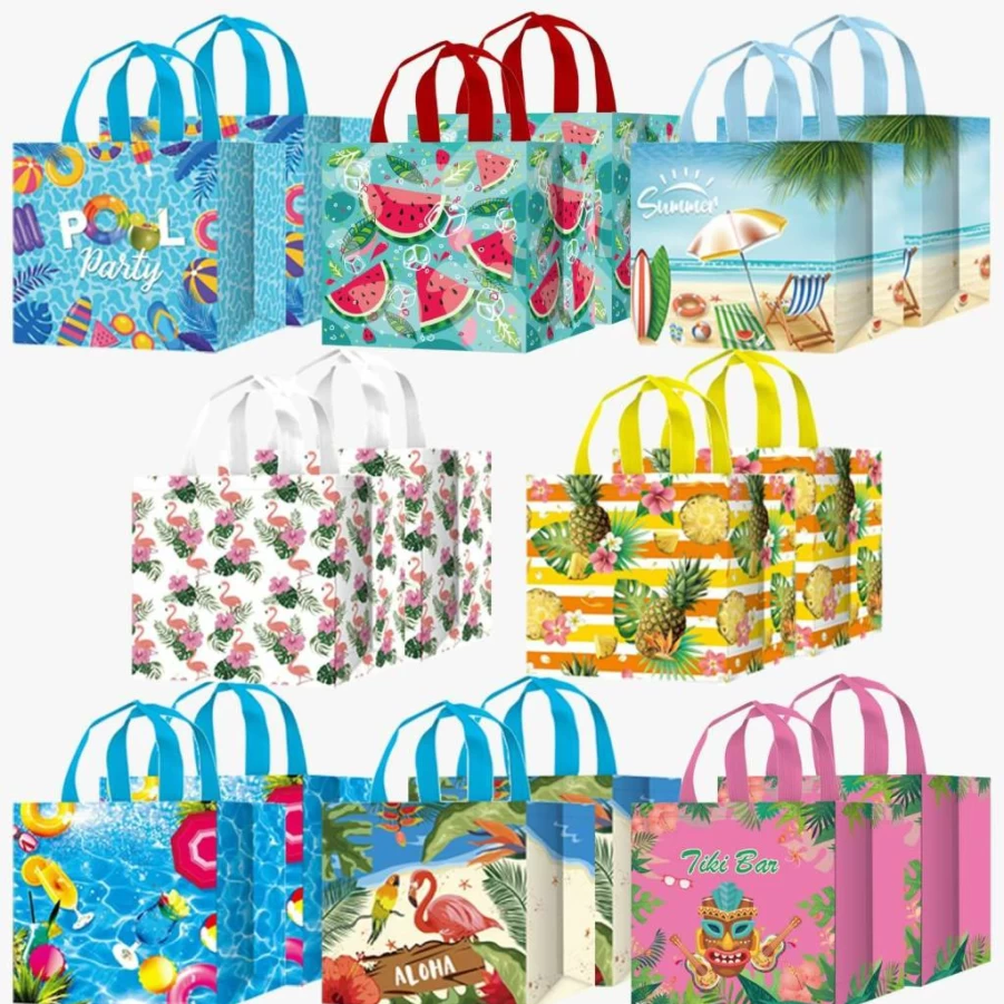LECONCES 16Pcs Hawaiian Luau Party Gift Bags - Reusable Tropical Tote Bags with Handles for Pool Party, Summer Favors, Aloha Themed Supplies