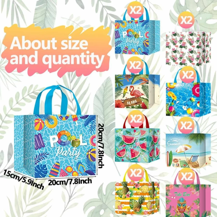 LECONCES 16Pcs Hawaiian Luau Party Gift Bags - Reusable Tropical Tote Bags with Handles for Pool Party, Summer Favors, Aloha Themed Supplies