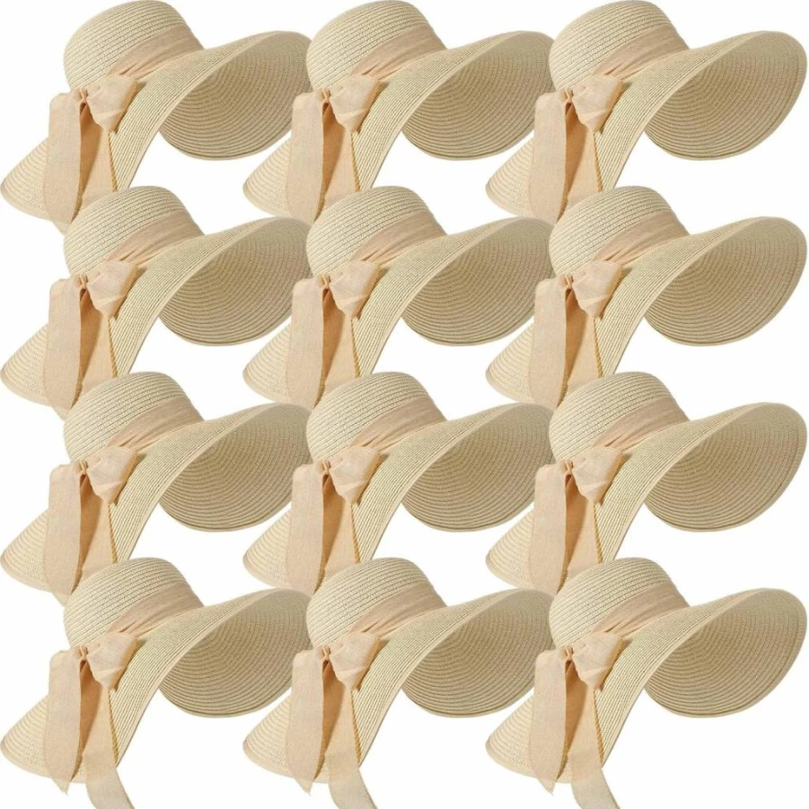 Tigeen 12 Pack Women's Wide Brim Floppy Sun Hat - UPF 50+ Foldable Straw Beach Hat for Summer, Multi Color Sun Cap