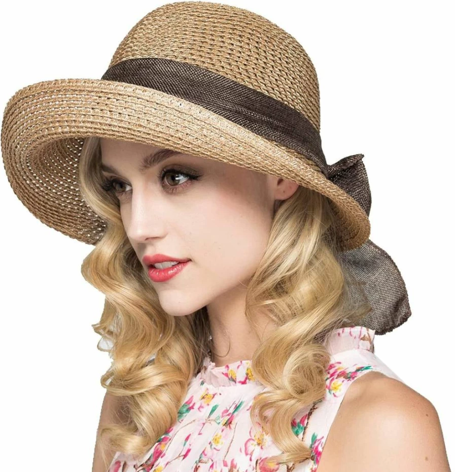Cyiecw Women's Summer Wide Brim Floppy Sun Hat - UPF 50 UV Protection Packable Straw Beach Hat for Travel