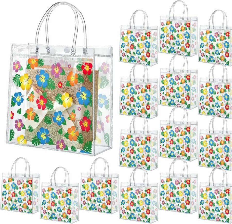 Engrowtic 24 Pack Hawaiian Hibiscus Clear PVC Gift Bags with Handles 8x8 Inches for Tropical Luau Party Favors Birthday Goodie Totes