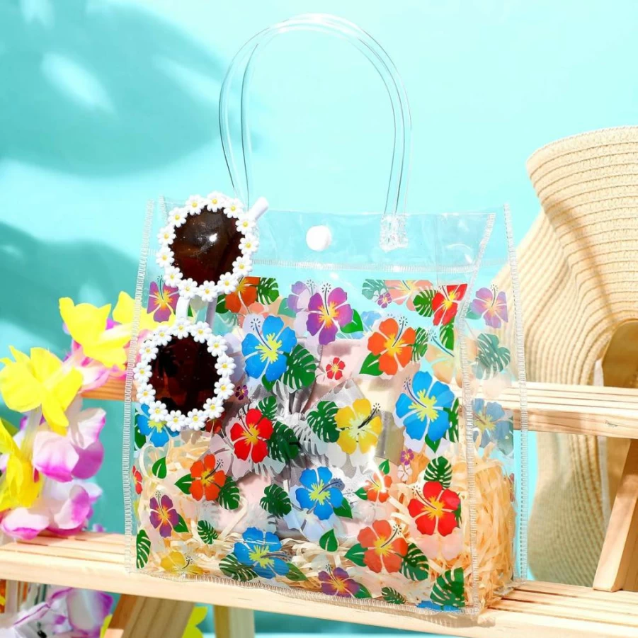 Engrowtic 24 Pack Hawaiian Hibiscus Clear PVC Gift Bags with Handles 8x8 Inches for Tropical Luau Party Favors Birthday Goodie Totes