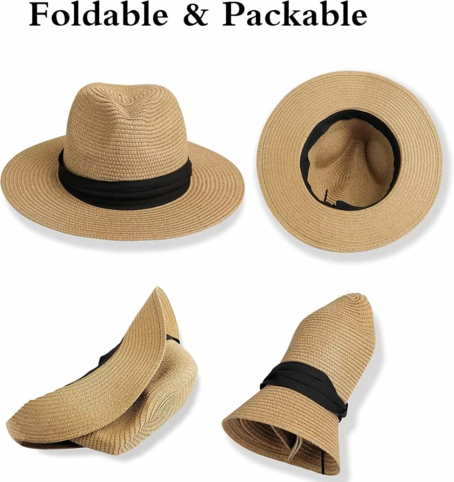 YCMI Girls' Foldable Wide-Brim Straw Sun Hat for Summer Beach - Adjustable Fedora Floppy Hat (Sizes 5-9 & 9-19 Years)