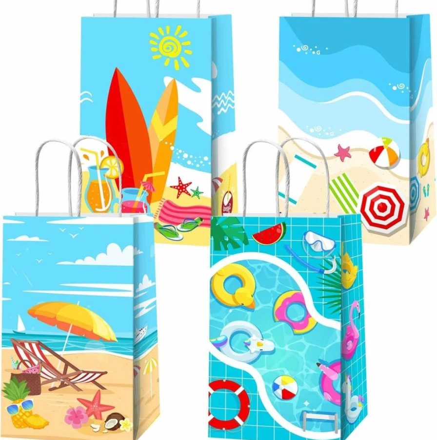 Tevxj Beach Party Favor Bags - 8.3x4.7x3.2 Inch Reusable Goodie Bags for Candy, Summer Pool Birthday, Baby Shower & Holiday Decorations with Handles