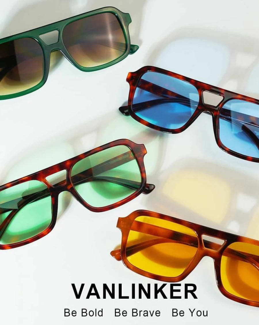 VANLINKER VL9816 Retro 70s Vintage Square Aviator Sunglasses for Women & Men, Trendy Rectangle Sun Glasses