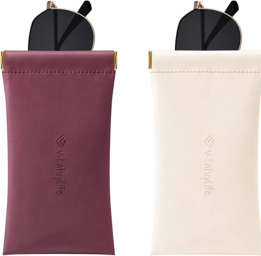 V-LAFUYLIFE 2 Pack Soft Leather Eyeglass Case - Portable Squeeze Top Sunglasses Holder for Men & Women