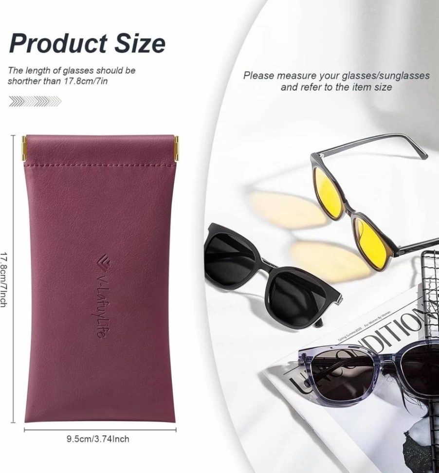 V-LAFUYLIFE 2 Pack Soft Leather Eyeglass Case - Portable Squeeze Top Sunglasses Holder for Men & Women