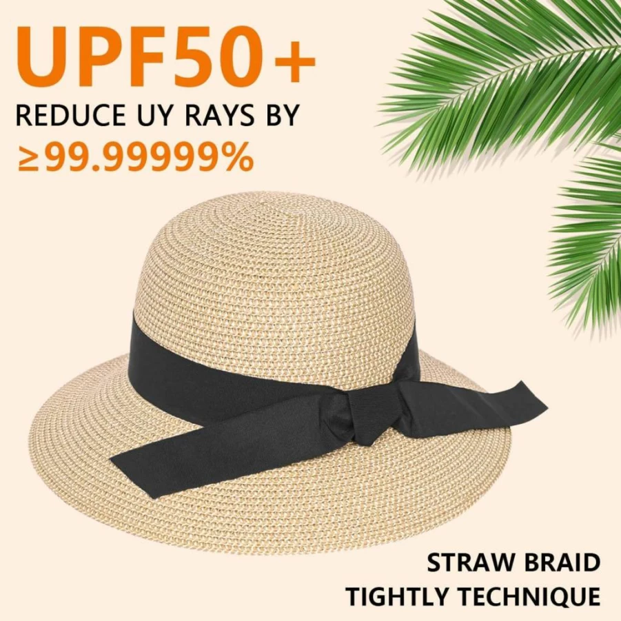 DECHISY Women's UPF 50+ Wide Brim Straw Sun Hat for UV Protection - Summer Floppy Beach Hat