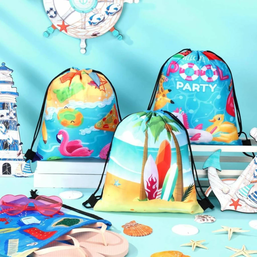 Talltalk 24-Pack Summer Beach Party Favor Bags for Kids - Tropical Drawstring Backpacks, Hawaiian Luau Goodie Bags, Candy Treat Gifts, Ocean-Themed Birthday & Wedding Decorations