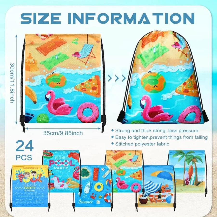 Talltalk 24-Pack Summer Beach Party Favor Bags for Kids - Tropical Drawstring Backpacks, Hawaiian Luau Goodie Bags, Candy Treat Gifts, Ocean-Themed Birthday & Wedding Decorations