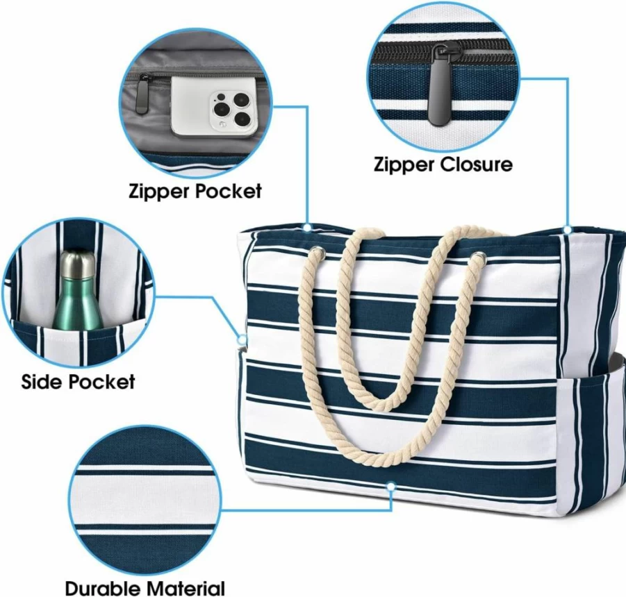 Becokan Waterproof Beach Tote Bag for Women - Large Sandproof Swim Pool Bag with Zipper, Durable Beach Tote for Travel & Shopping
