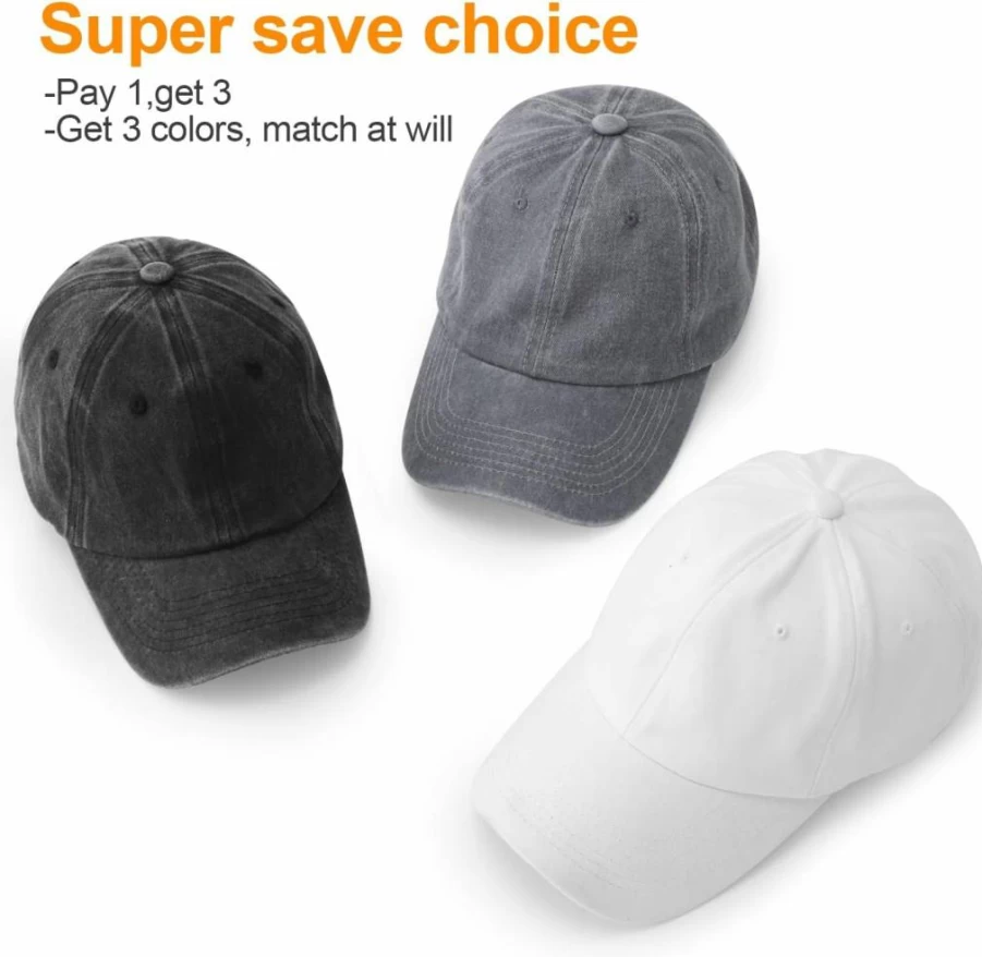 MEINICY 3 Pack Washed Cotton Baseball Caps - Retro Adjustable Dad Hats for Men & Women, Unstructured Soft Fit Vintage Style