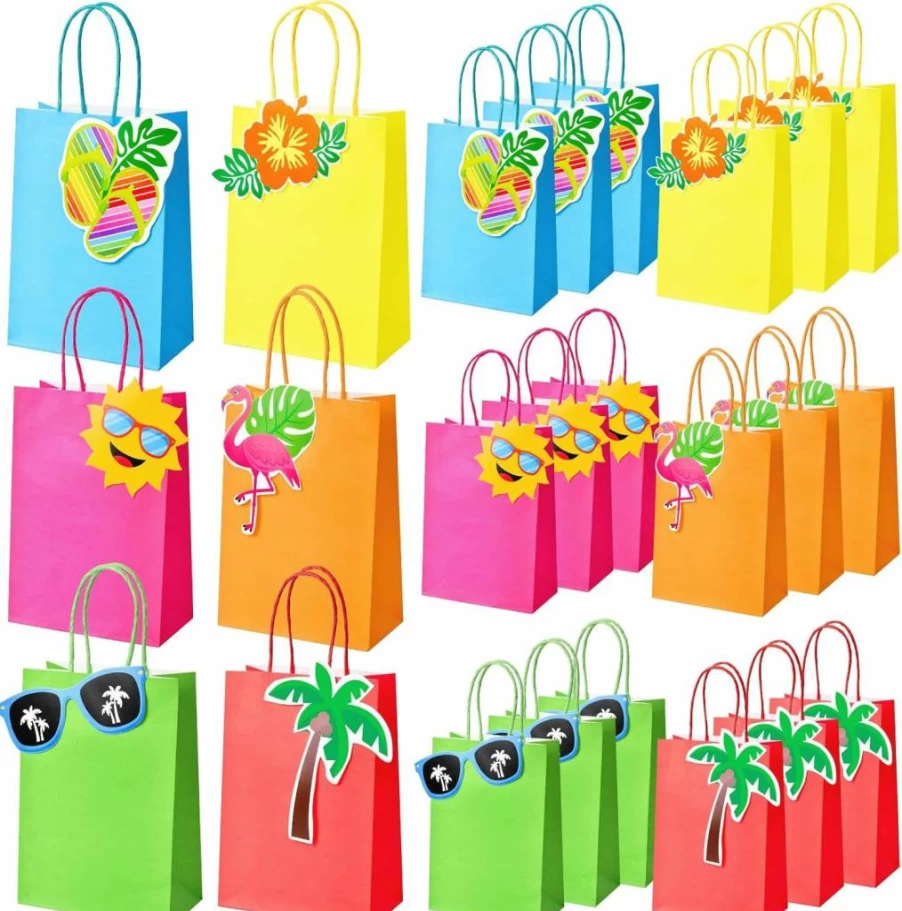 Winrayk 18Pcs Hawaiian Luau Party Tote Bags with Handles - 6 Tropical Styles, Hibiscus & Flamingo Designs, Bulk Goody Bags for Candy, Treats, Birthday & Summer Supplies