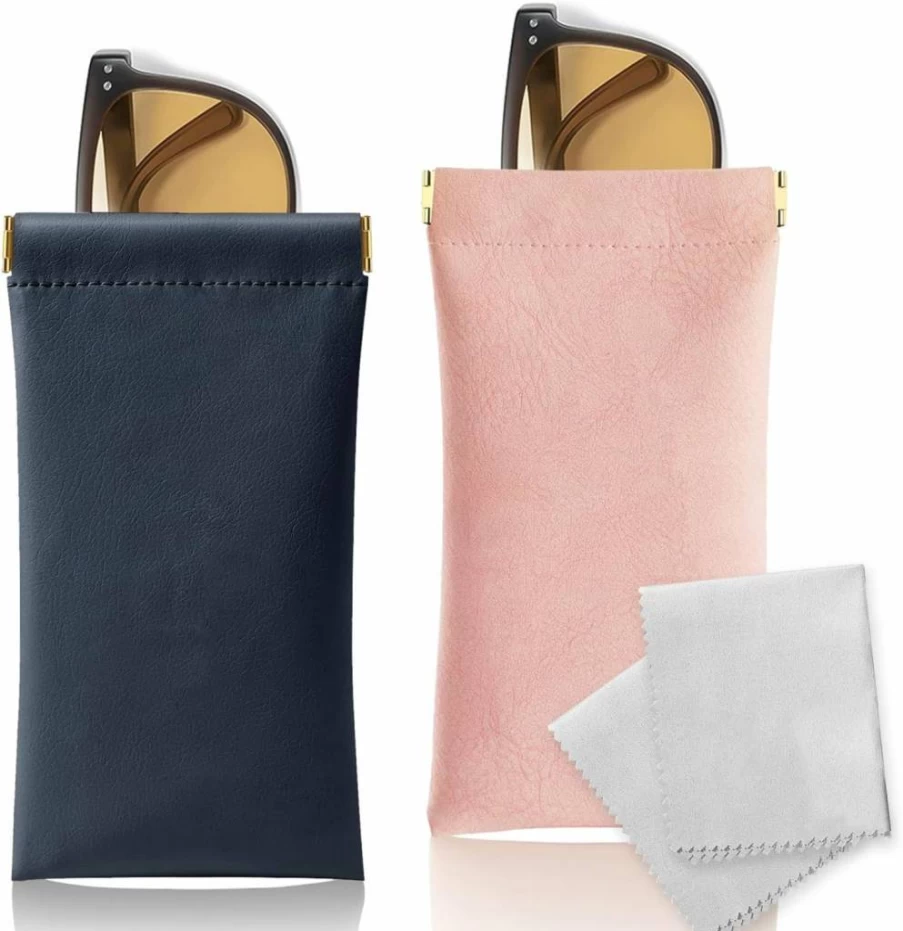 HAWOWZ 2 Pack Leather Sunglass Case – Soft Portable Eyeglass Pouch with Squeeze Top for Men & Women