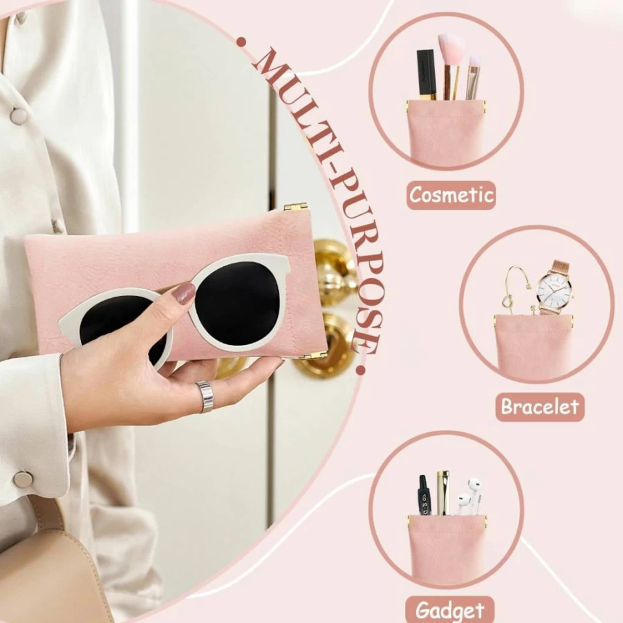HAWOWZ 2 Pack Leather Sunglass Case – Soft Portable Eyeglass Pouch with Squeeze Top for Men & Women