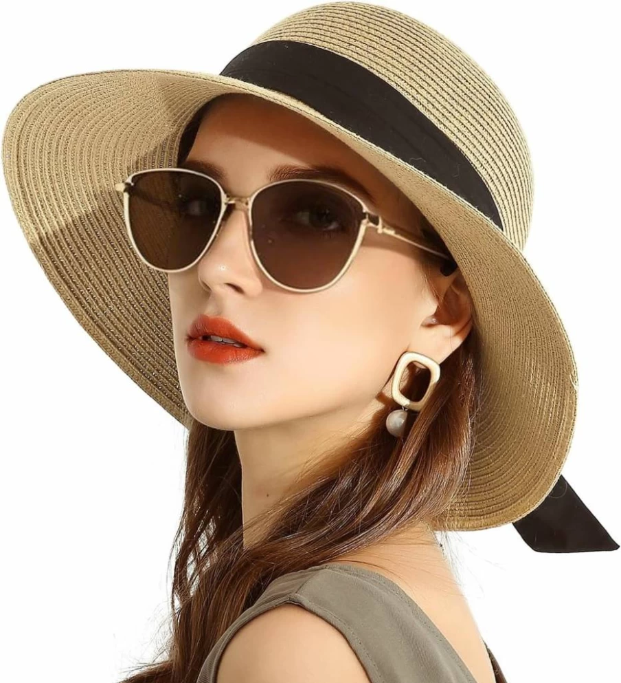 SOMALER Women's Wide Brim Straw Sun Hat UPF 50+ Foldable Beach Hat for Summer Travel