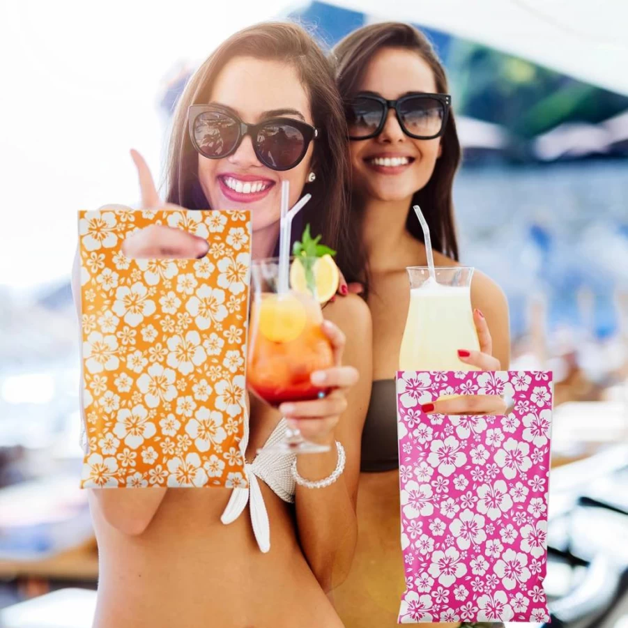 Kolldenn 120-Pack Hawaiian Hibiscus Gift Bags with Handles - Bulk Plastic Goodie Bags for Summer Parties, Candy Treats & Tropical Decorations