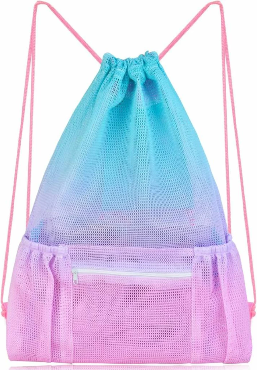 Nidoul Waterproof Mesh Beach Backpack with Zipper Pocket - Lightweight Gym Bag for Swimming Gear, Sports Equipment Storage for Adults & Kids (Pink & Blue)