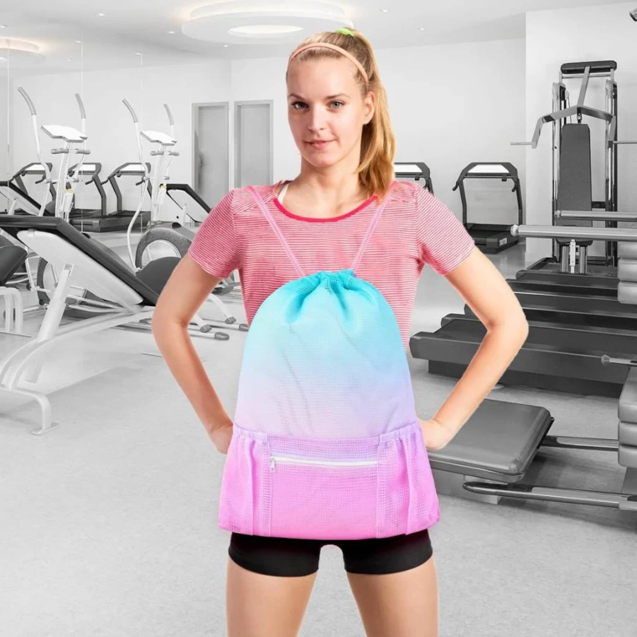 Nidoul Waterproof Mesh Beach Backpack with Zipper Pocket - Lightweight Gym Bag for Swimming Gear, Sports Equipment Storage for Adults & Kids (Pink & Blue)