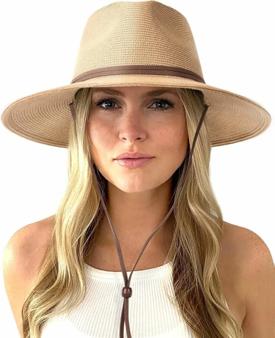 FURTALK Women's Summer Wide Brim Straw Hat with Wind Lanyard - UPF 80+ Panama Fedora for Beach & Outdoor