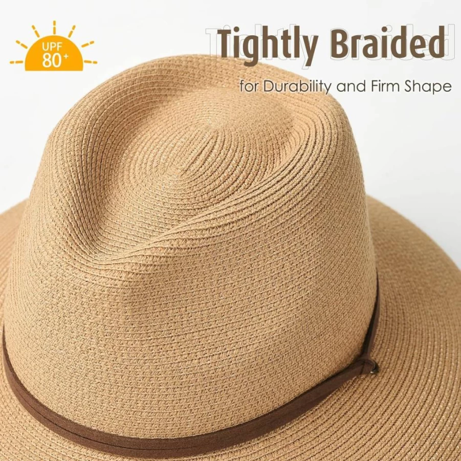 FURTALK Women's Summer Wide Brim Straw Hat with Wind Lanyard - UPF 80+ Panama Fedora for Beach & Outdoor