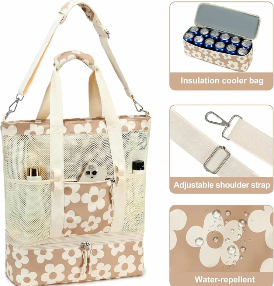 Bluboon Insulated Beach Tote Bag with Cooler Compartment, Detachable Picnic Bag with Zipper Pockets for Women, Pool & Outdoor Activities