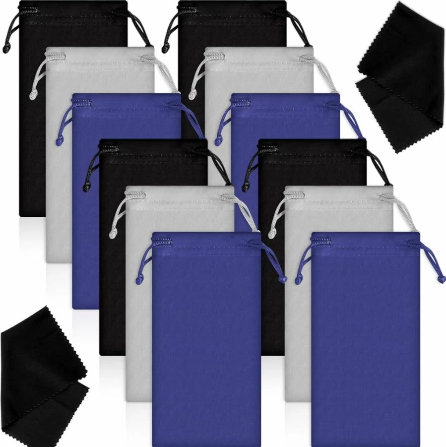 Frienda 12 Pack Microfiber Sunglasses Pouch Set - Soft Glasses Storage Cases with Drawstring Closure, Includes 2 Lens Cleaning Cloths (Black, Gray, Blue)