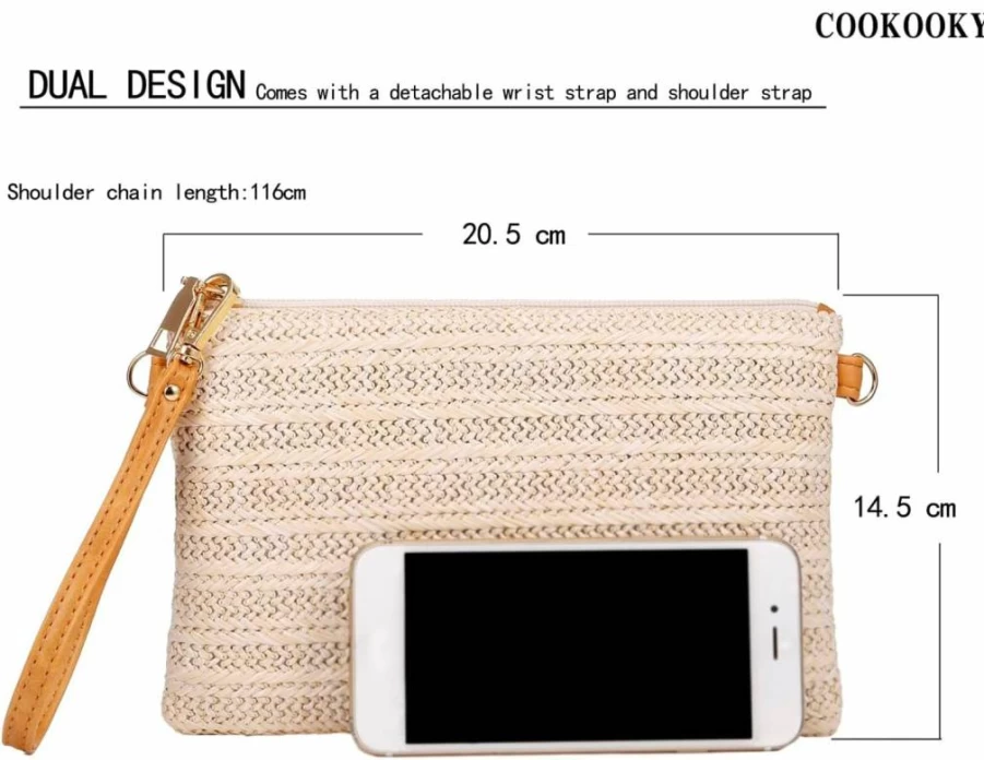 COOKOOKY Women's Bohemian Straw Clutch Bag - Summer Beach Purse with Zipper Wristlet Wallet for Women
