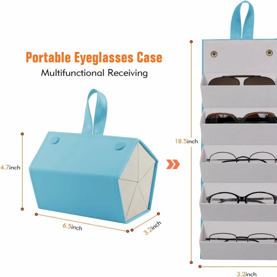 SMARTTOP 5/6 Slot Sunglass & Eyeglass Organizer – PU Leather Hanging Storage Case for Multiple Eyewear Display