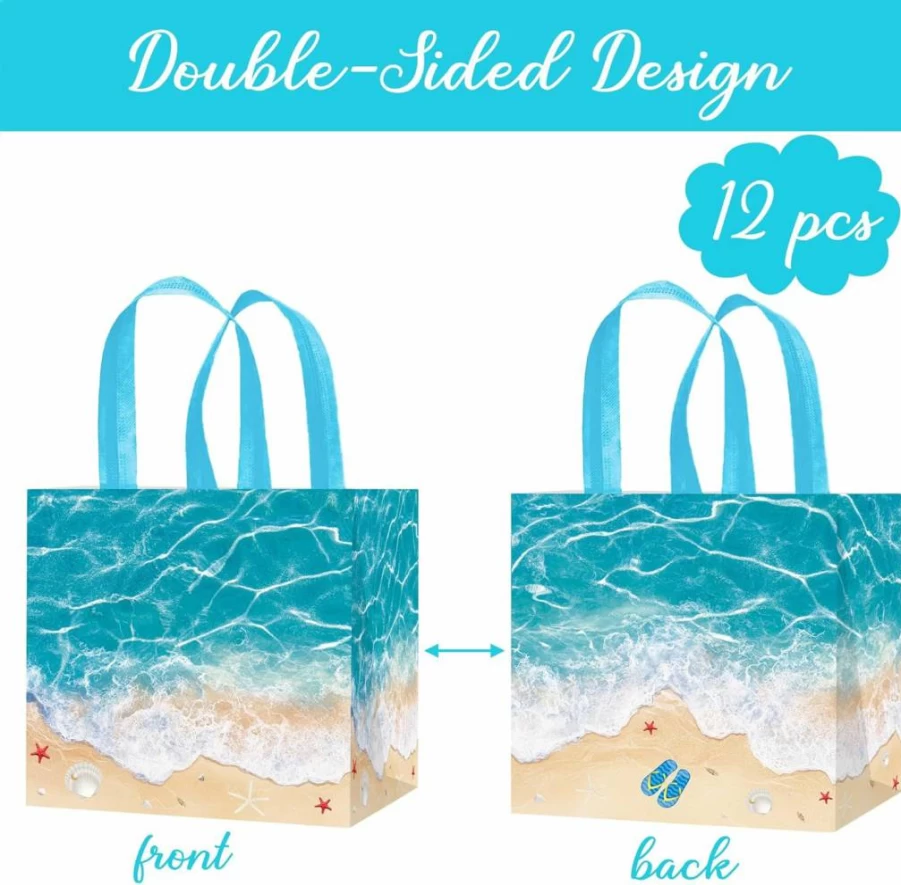 Umoni 12-Piece Blue Non-Woven Ocean Wave Favor Bags for Hawaiian Beach Party, Summer Pool Goodie Bags, Seaside Birthday Treat Bags