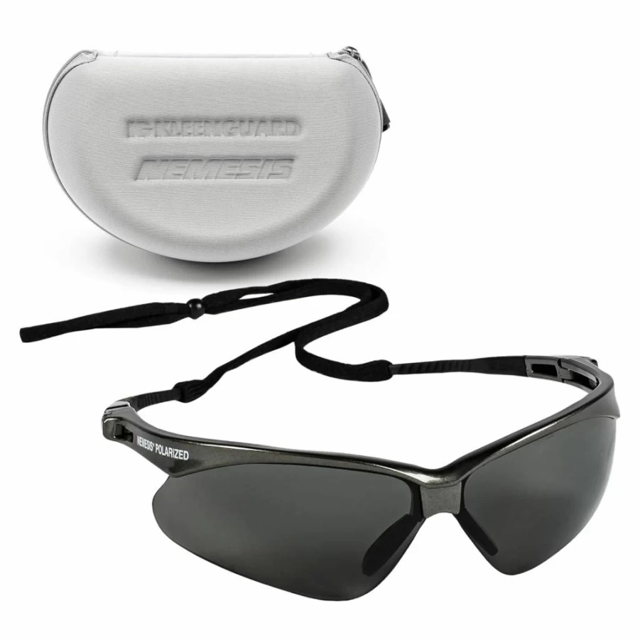 KLEENGUARD V30 Nemesis Polarized Safety Sunglasses – Smoke Grey Lenses, Gunmetal Frame with Carrying Case – Unisex Protective Eyewear for Men & Women