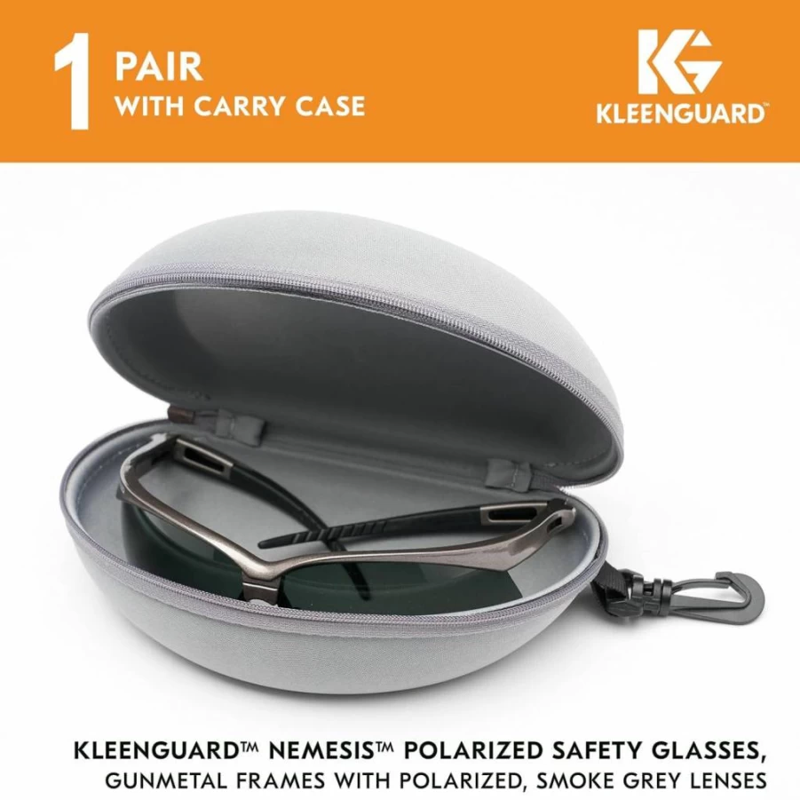 KLEENGUARD V30 Nemesis Polarized Safety Sunglasses – Smoke Grey Lenses, Gunmetal Frame with Carrying Case – Unisex Protective Eyewear for Men & Women