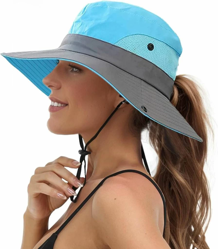 Jjyee Women's Wide Brim Sun Hat with UPF Protection - Ponytail Beach Hat for Summer Outdoor Activities