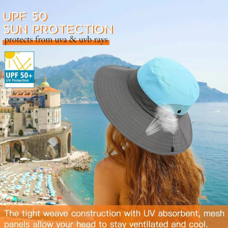 Jjyee Women's Wide Brim Sun Hat with UPF Protection - Ponytail Beach Hat for Summer Outdoor Activities