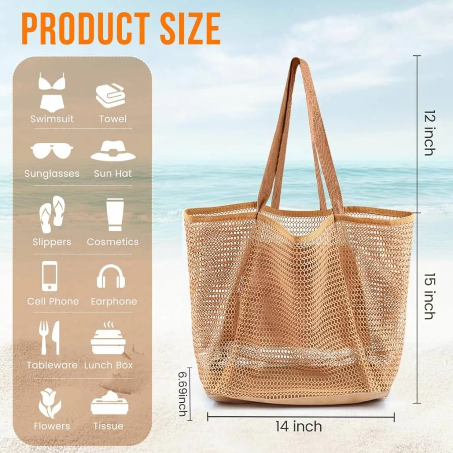 HOHOM Women's Beach Bag - Large Sandproof Mesh Tote with Inner Pocket, Summer Travel Woven Shoulder Handbag