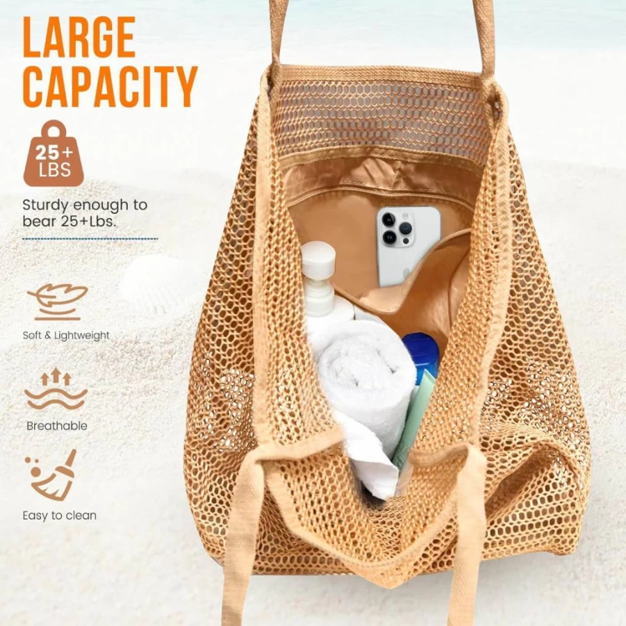 HOHOM Women's Beach Bag - Large Sandproof Mesh Tote with Inner Pocket, Summer Travel Woven Shoulder Handbag
