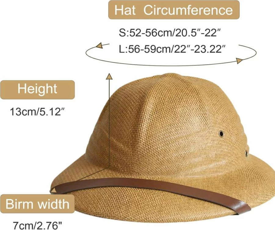 SAJUZEN 100% Straw Boater Hat for Men - Vintage Vietnam War Style Sun Hat, Safari Bucket Cap, Summer Pith Helmet for Outdoor Activities