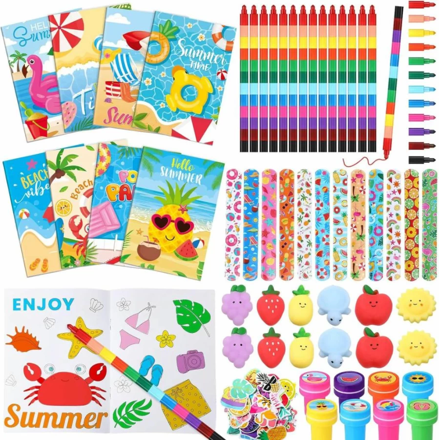 Seajan 110-Piece Kids Party Favors Bulk Set - Summer Luau Coloring Books, Crayons, Slap Bracelets, Goodie Bag Fillers for Hawaiian Birthday & Beach Parties
