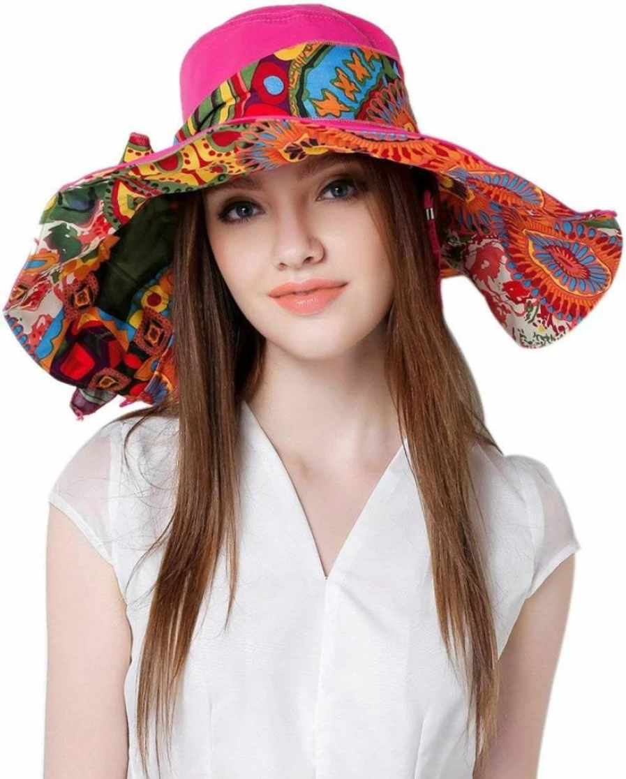 FakeFace Women's Reversible Wide Brim Sun Hat UPF 50+ Foldable Floppy Beach Visor for Travel